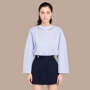 Sandro Paris Jewel Collar Cropped Shirt Light Blue Medium